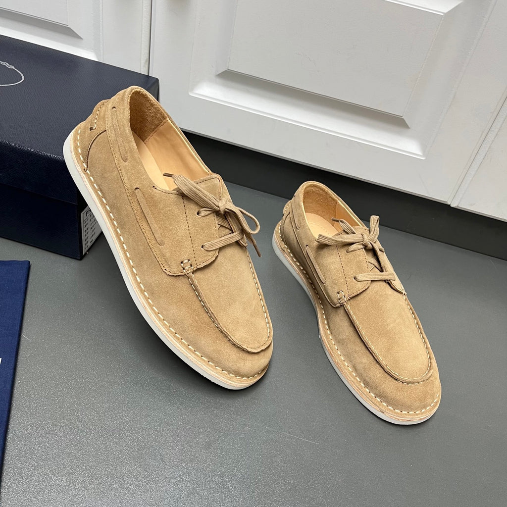 Prada unisex tan suede lace-up shoes, front view with side laces