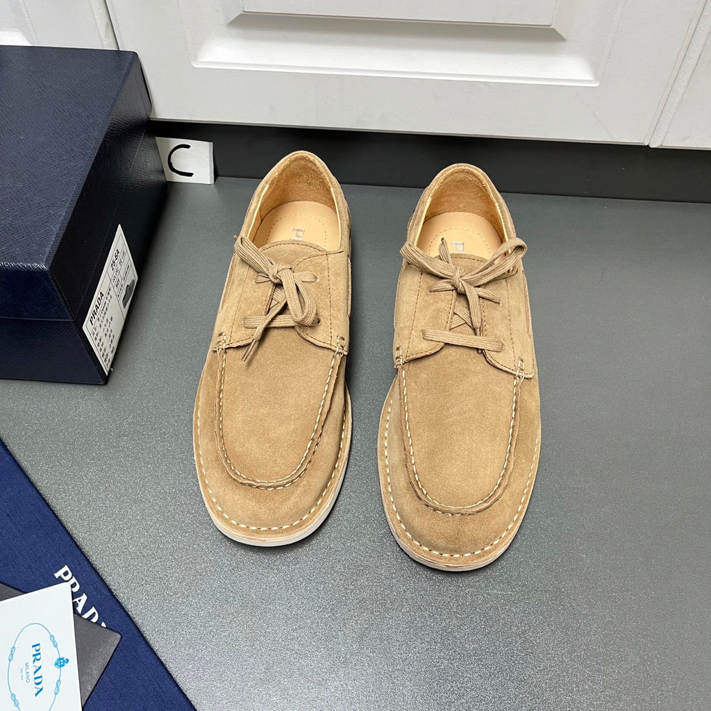 Prada unisex tan suede lace-up shoes with stitched apron and lace ties