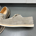 Prada unisex suede lace-up shoes in light gray, close-up side panel