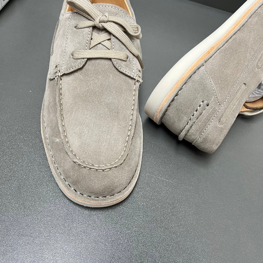 Prada unisex suede lace-up shoes in light gray, toe and lace detail