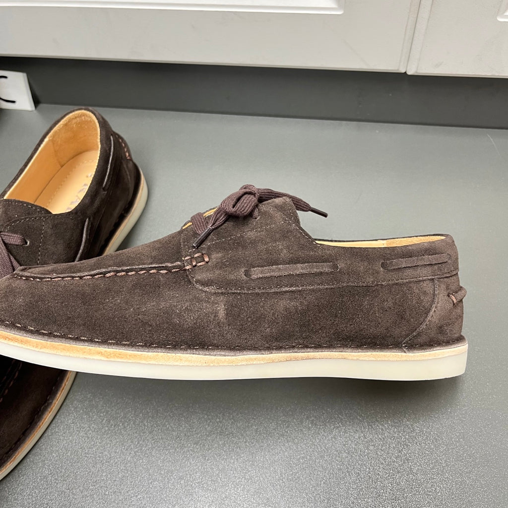 Prada unisex suede moc-toe shoe detail, dark brown with lace bow and light sole