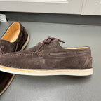 Prada unisex suede moc-toe shoe detail, dark brown with lace bow and light sole