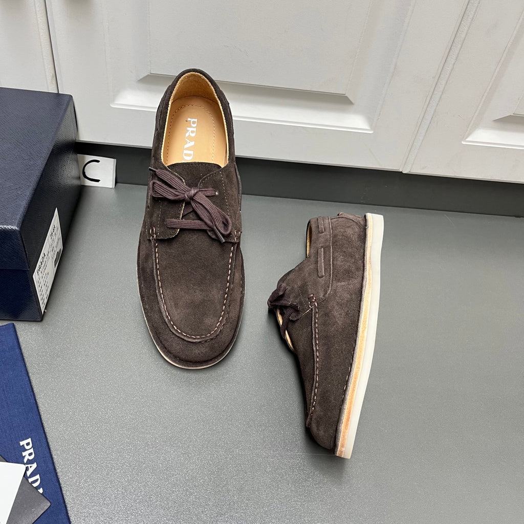 Prada unisex suede shoes, dark brown with lace bow and light rubber sole