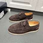Prada unisex suede lace-up shoes in dark brown, moc-toe stitching, light sole