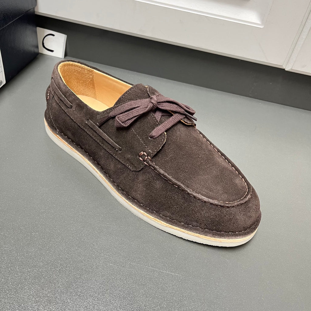 Prada unisex suede lace-up shoes, dark brown with lace bow, flat light sole