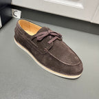 Prada unisex suede lace-up shoes, dark brown with lace bow, flat light sole