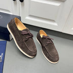 Prada unisex suede shoes, dark brown with lace bow, white-striped sole trim