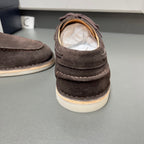 Prada unisex suede shoes, dark brown heel view with lace bow and padded collar