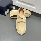 Beige suede lace-up loafers shown front and open collar with lace closure