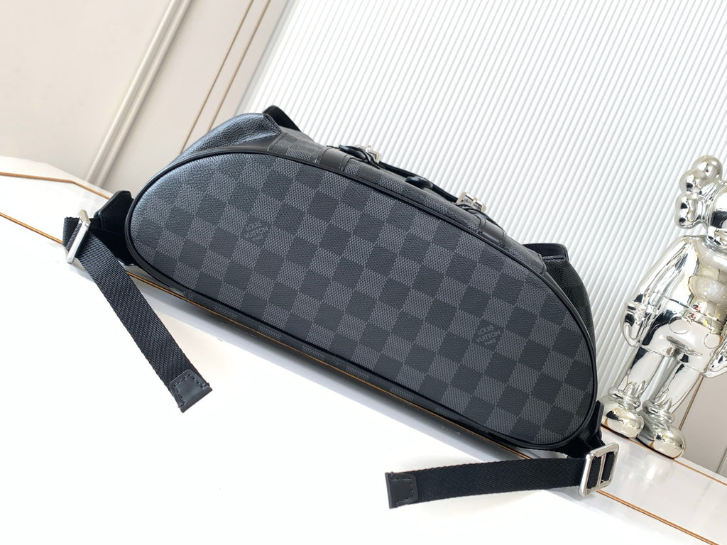 Men's Louis Vuitton checkered duffel bag with top zipper and adjustable shoulder strap