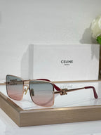 Celine sunglasses with rose-gold frame, red accents, and tinted square lenses