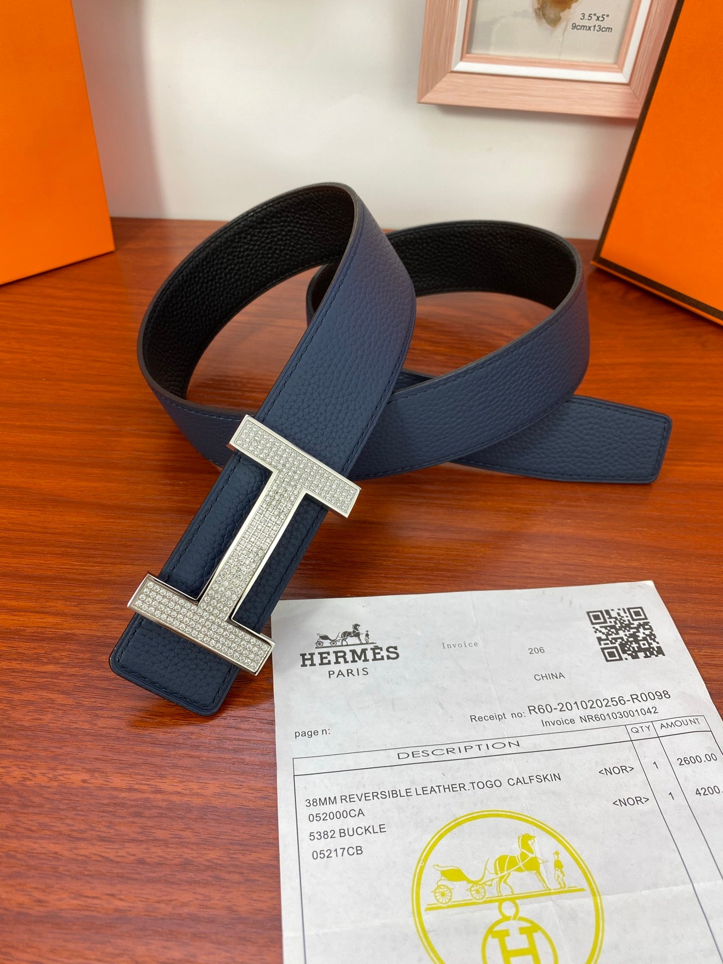 Hermes reversible leather belt, dark blue strap and silver H buckle