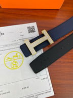Hermes reversible leather belt, dark blue strap with silver square H buckle