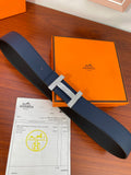 Hermes reversible leather belt, dark blue strap with silver H buckle