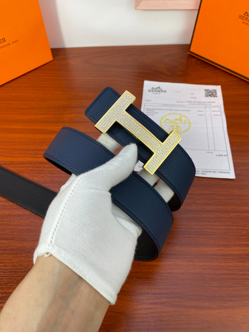 Hermes reversible leather belt, dark blue and black straps with silver H buckle