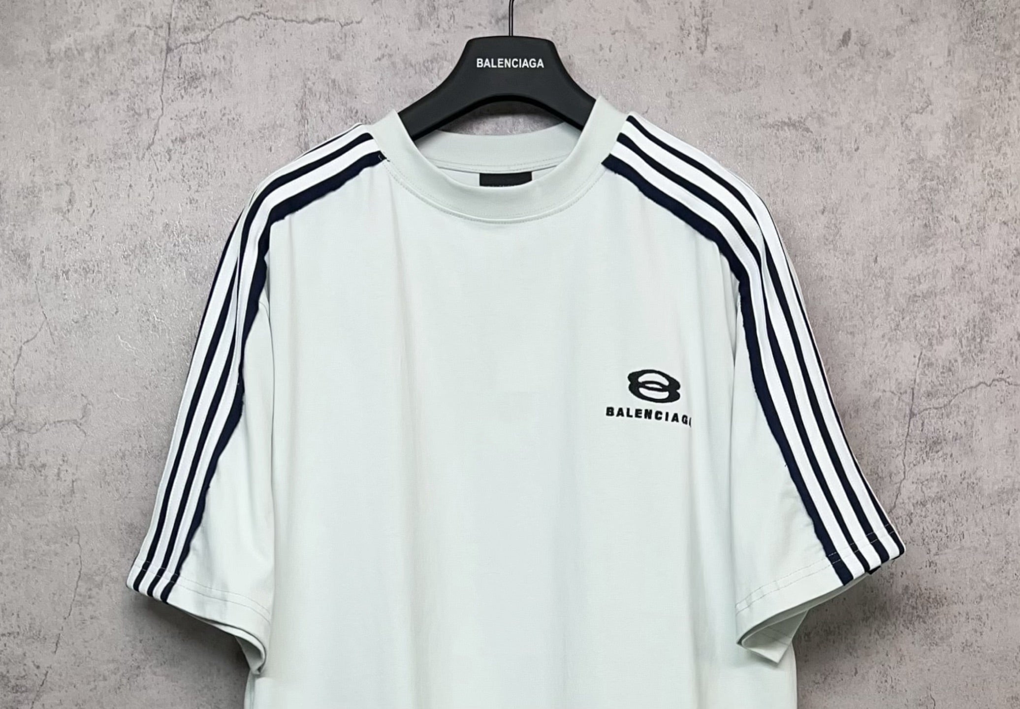 Balenciaga short-sleeve shirt front, white crew neck with black triple stripes