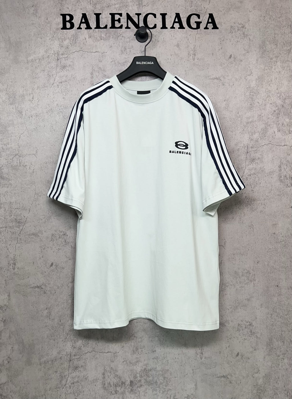 Balenciaga short-sleeve shirt, white with black side stripes and crest logo