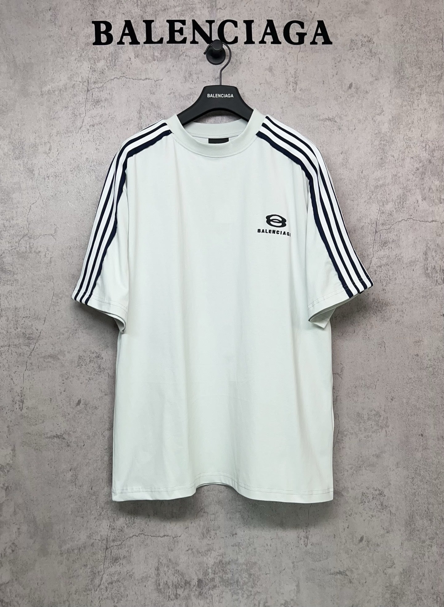 Balenciaga short-sleeve shirt, white with black side stripes and crest logo