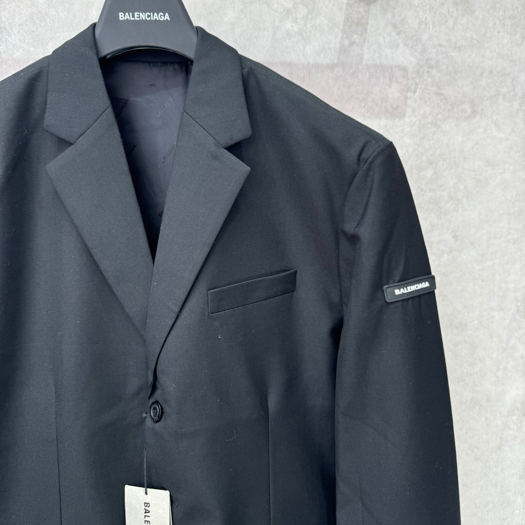 Balenciaga long blazer, dark navy, notch lapels, chest pocket, logo label