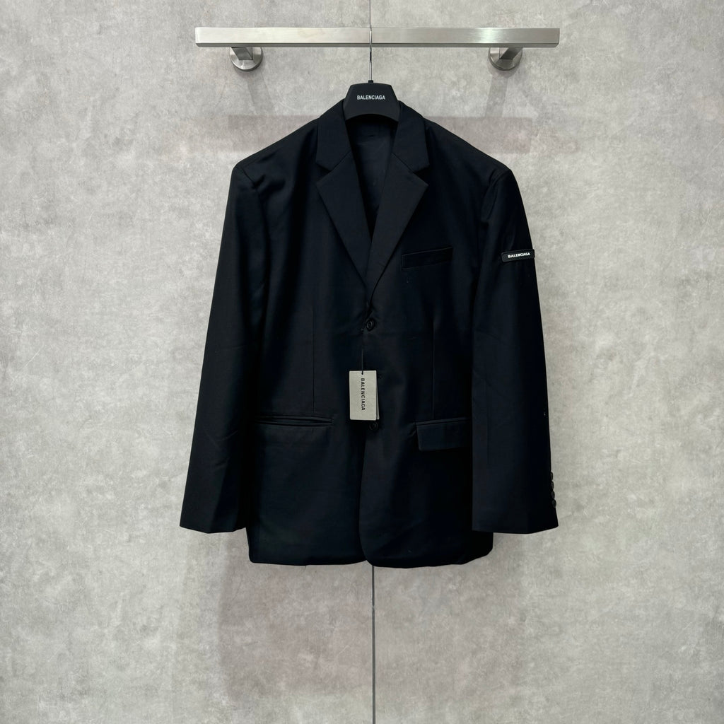 Balenciaga long blazer, dark navy, front buttons and flap pockets