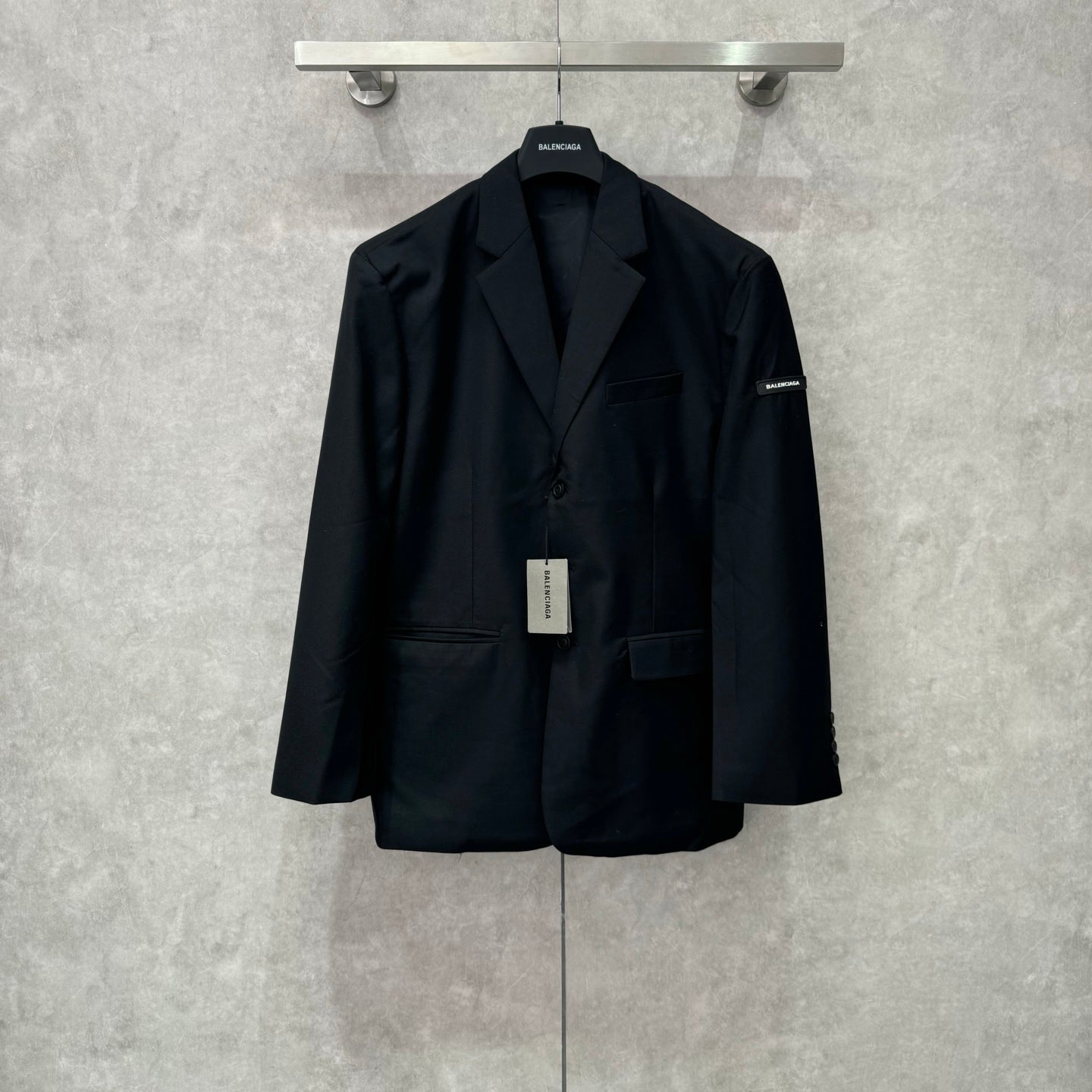 Balenciaga long blazer, dark navy, front buttons and flap pockets
