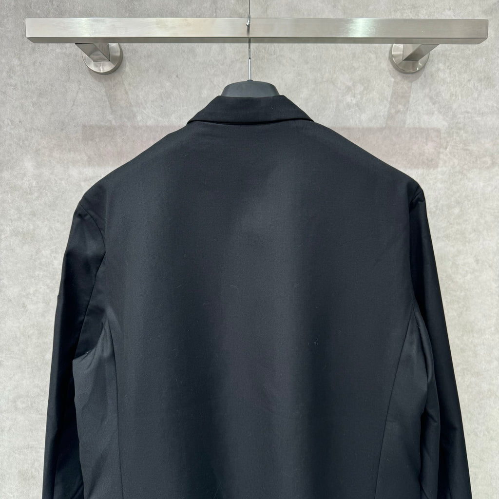 Balenciaga long blazer, dark navy, back view with collar and seam details