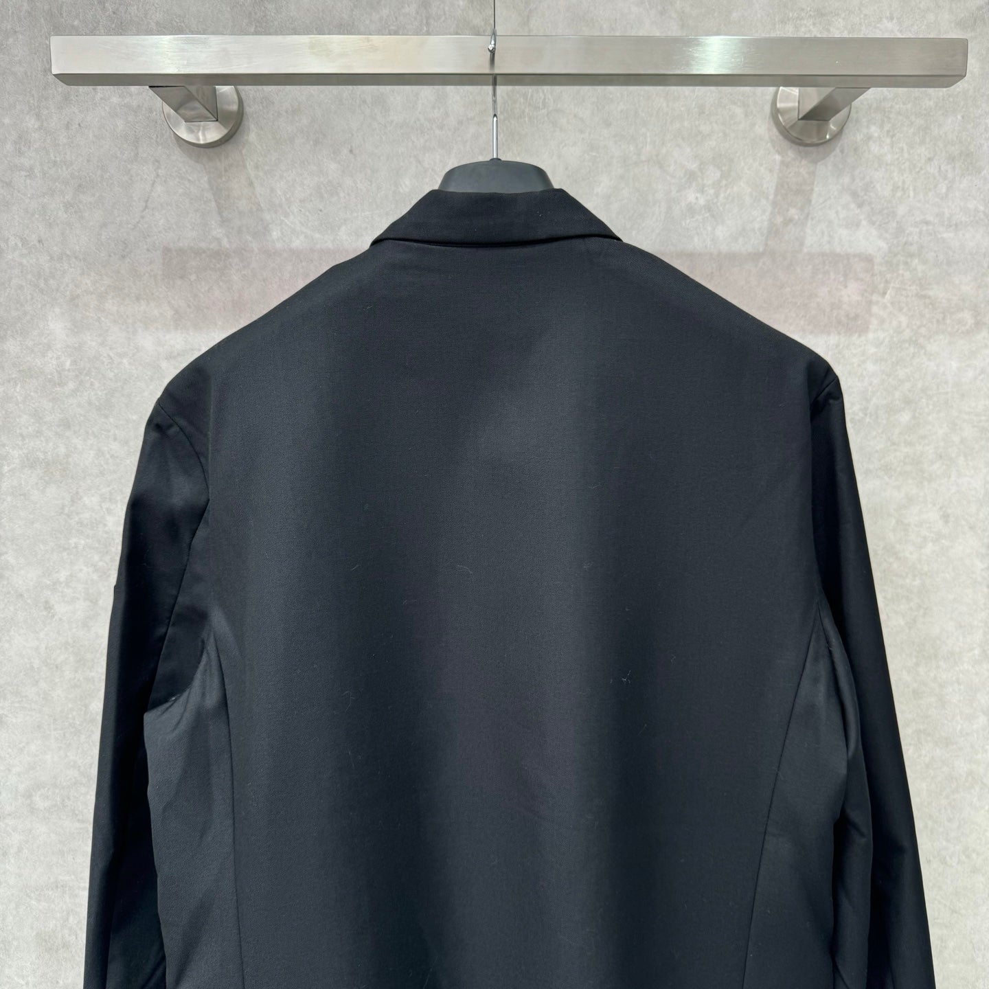 Balenciaga long blazer, dark navy, back view with collar and seam details