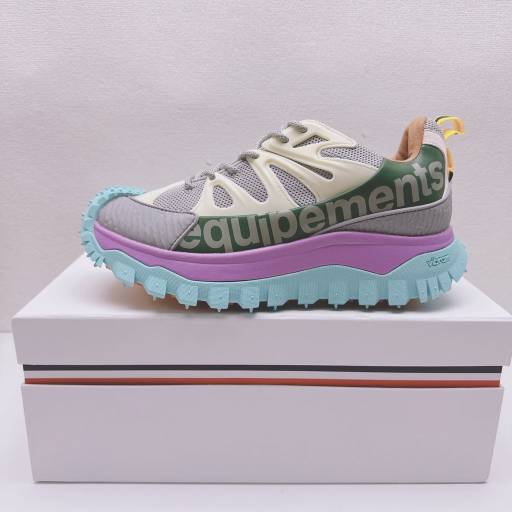Moncler luxury sneakers, white mesh upper with purple and teal lug sole