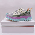 Moncler luxury sneakers, white mesh upper with purple and teal lug sole