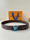 Louis Vuitton belt with dark monogram pattern and blue LV buckle