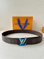 Louis Vuitton belt with dark monogram pattern and blue LV buckle
