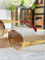Celine sunglasses side view with gold frame, red temple, and brown-tinted lens