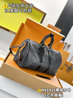 Louis Vuitton checkered canvas duffel bag with top handles and shoulder strap, dark gray