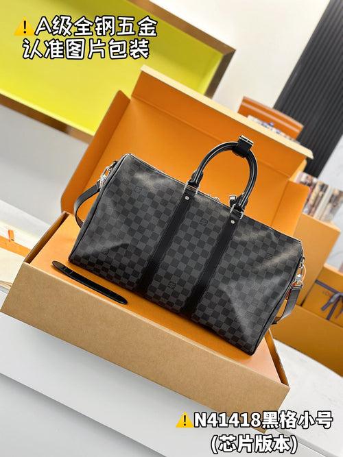 Louis Vuitton checkered canvas tote bag with dual top handles, dark gray