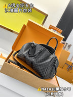 Louis Vuitton checkered canvas duffel bag with top handle and shoulder strap, dark gray