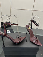 Burgundy open-toe strappy high heels with thin stiletto heel and ankle strap