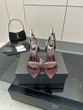 Burgundy pointed-toe strappy high-heel sandal with thin stiletto heel and ankle strap