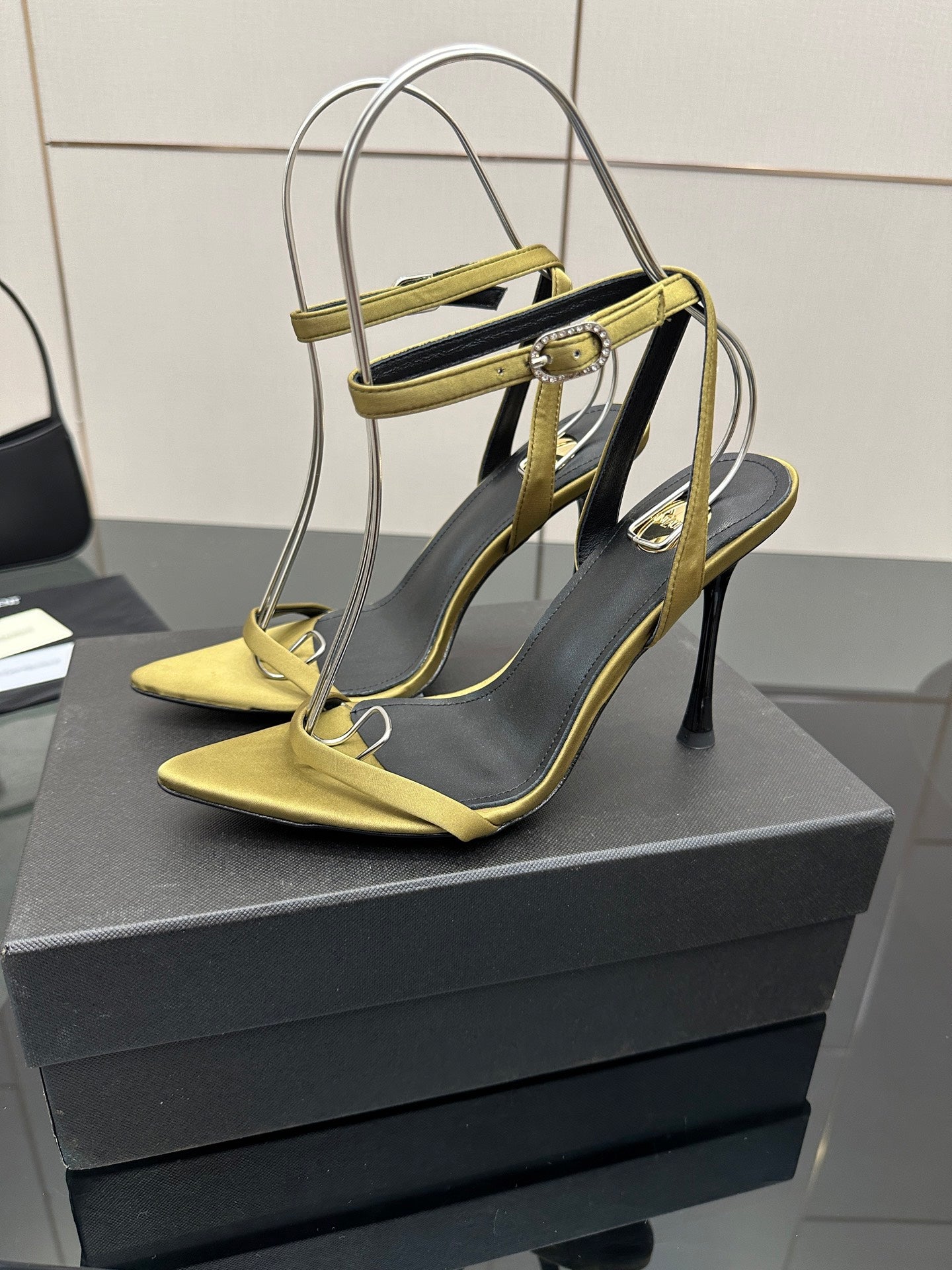Women’s slingback heeled sandals, yellow toe and straps with black upper, thin heel.