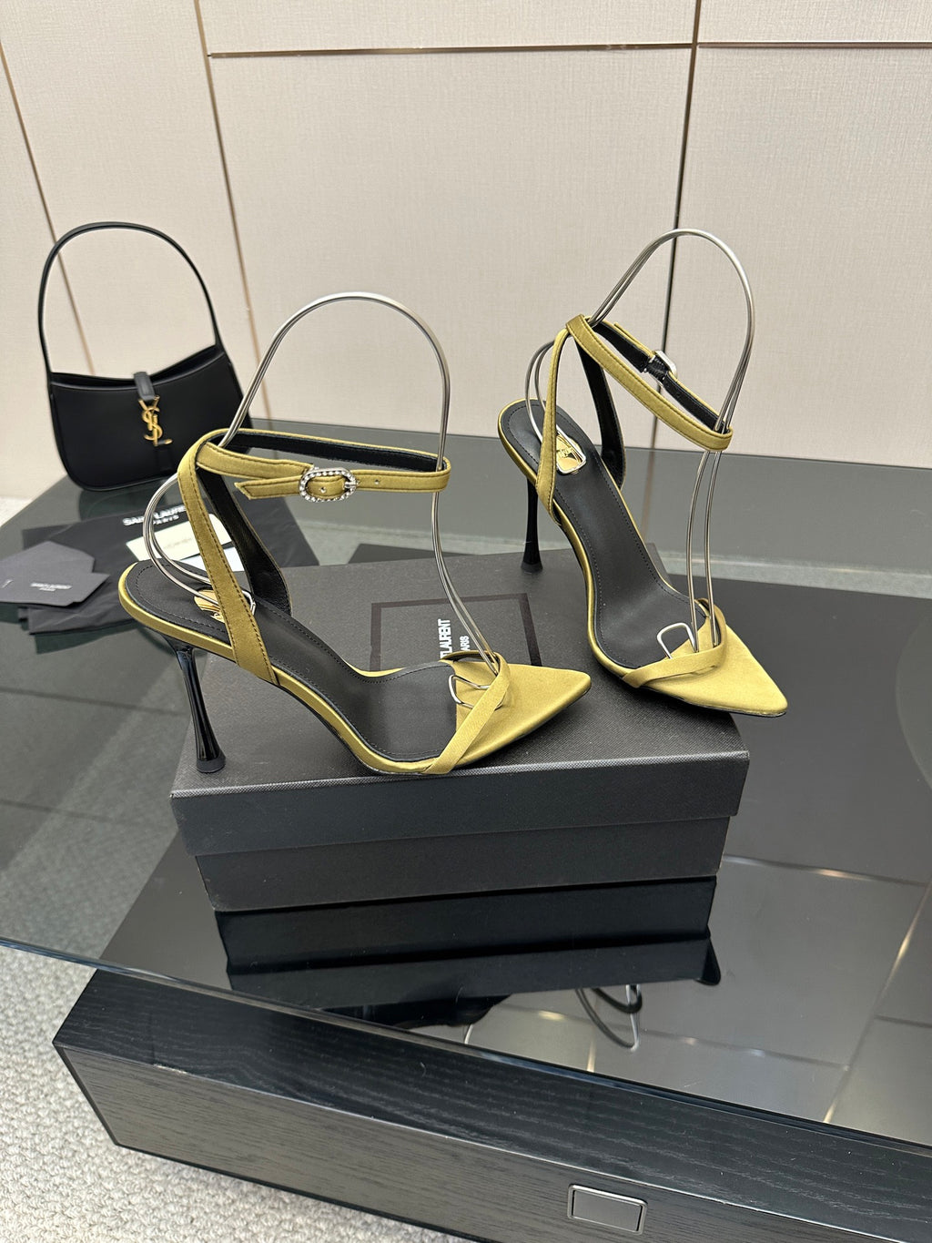 Women’s two-tone slingback heels, yellow pointed toe and straps over black upper.