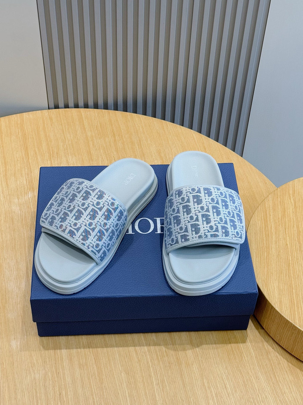 Dior slide sandals, navy Oblique-print straps and light blue sole, pair on box