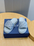 Dior slide sandals, navy Oblique-print straps and light blue sole, pair on box