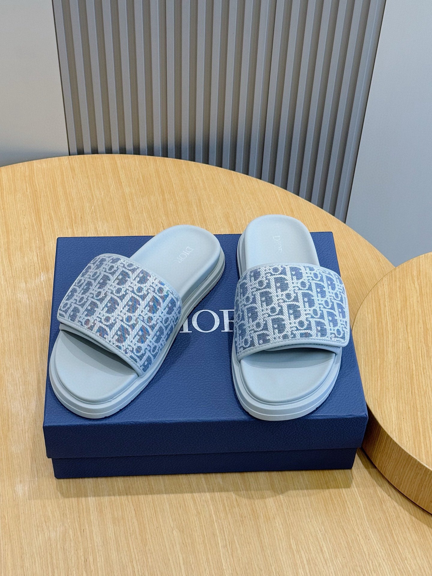 Dior slide sandals, navy Oblique-print straps and light blue sole, pair on box