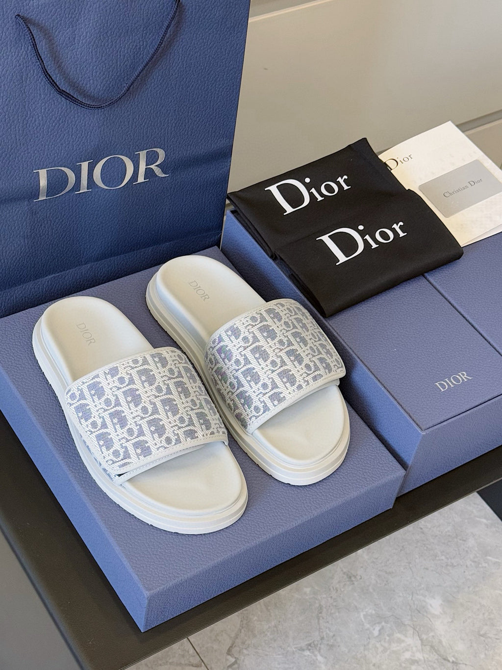 Dior slide sandals on blue box, Oblique-print straps with white footbeds