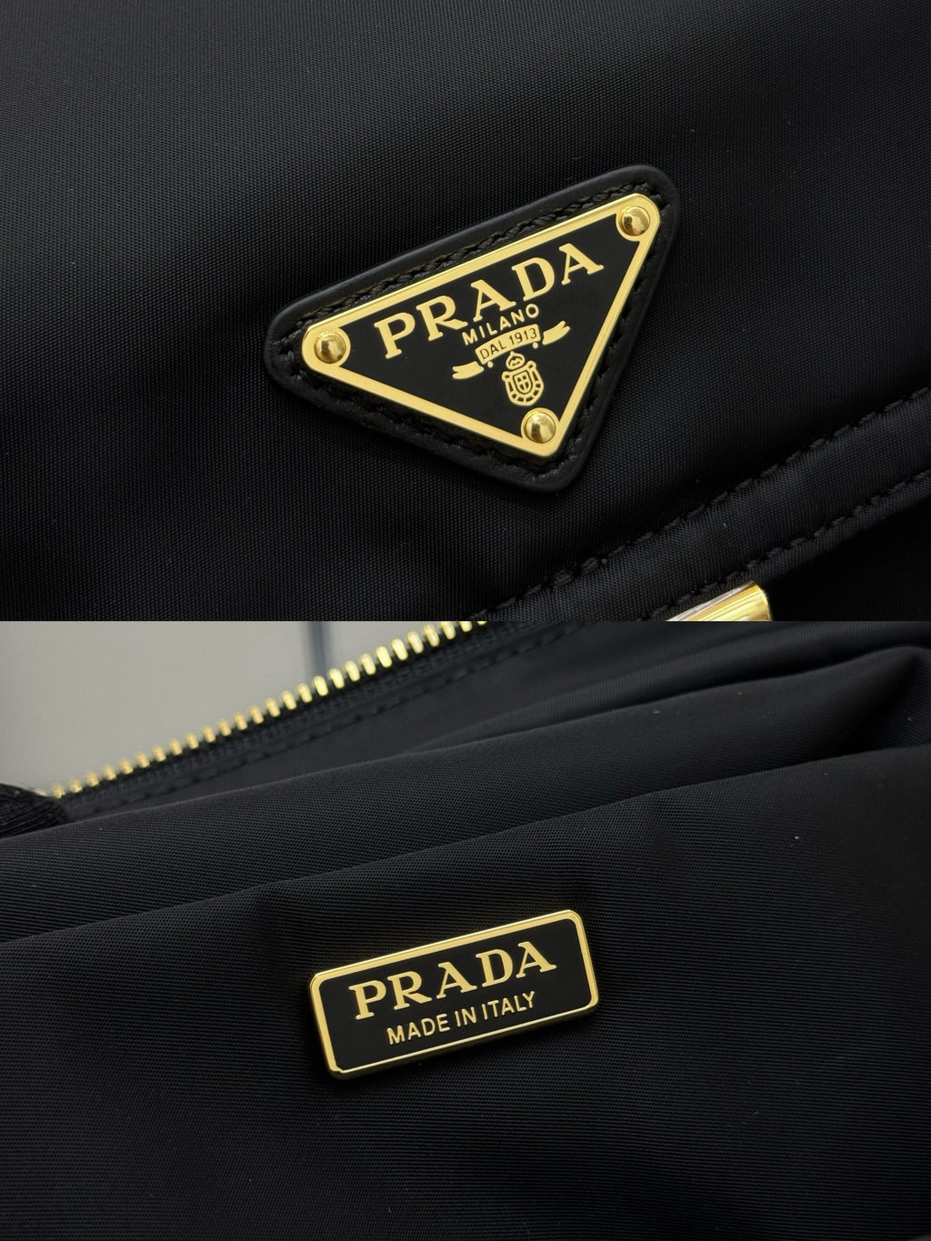 Prada black nylon bag close-up of gold logo plaques and zipper pull