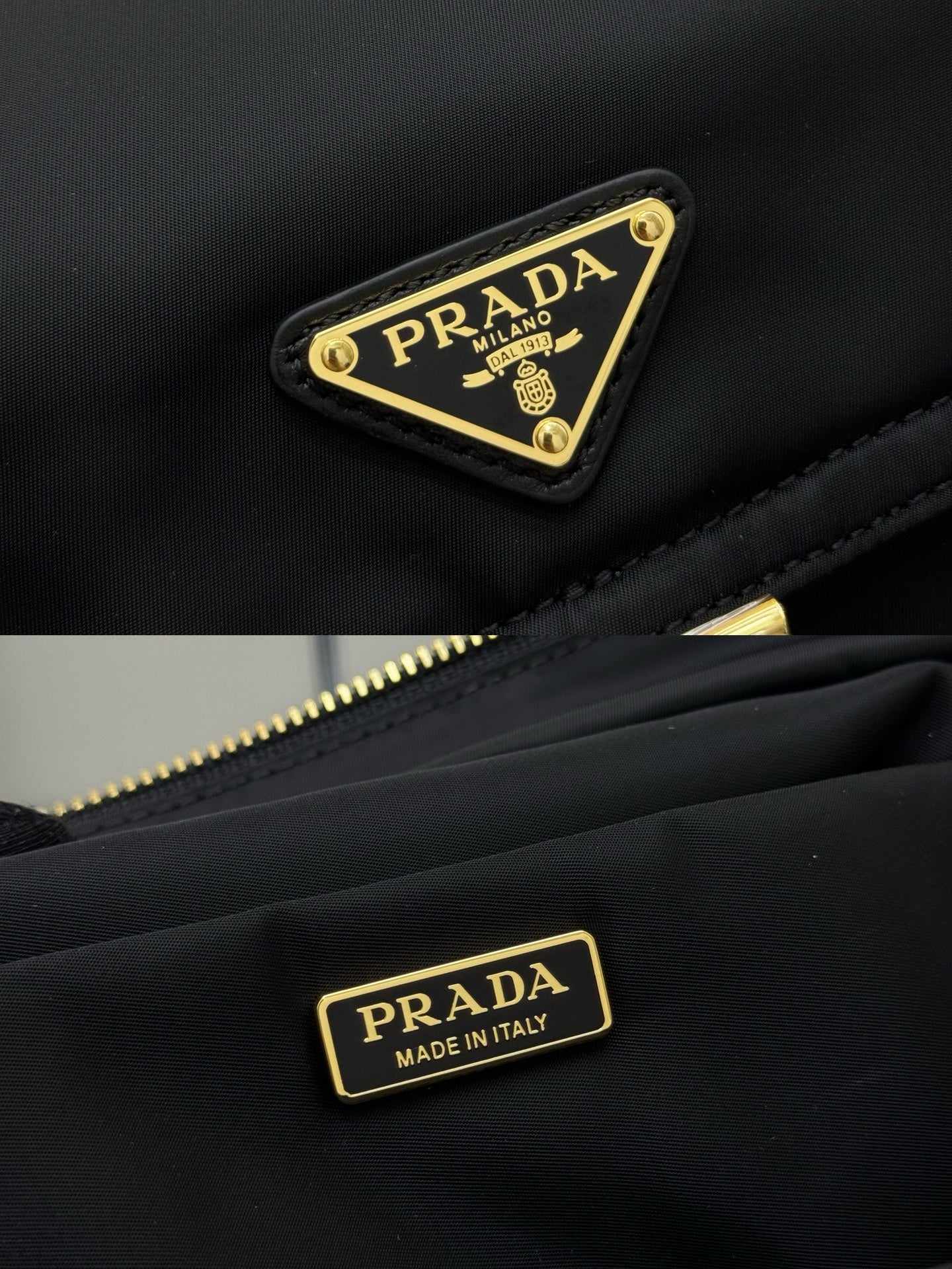 Prada black nylon bag close-up of gold logo plaques and zipper pull