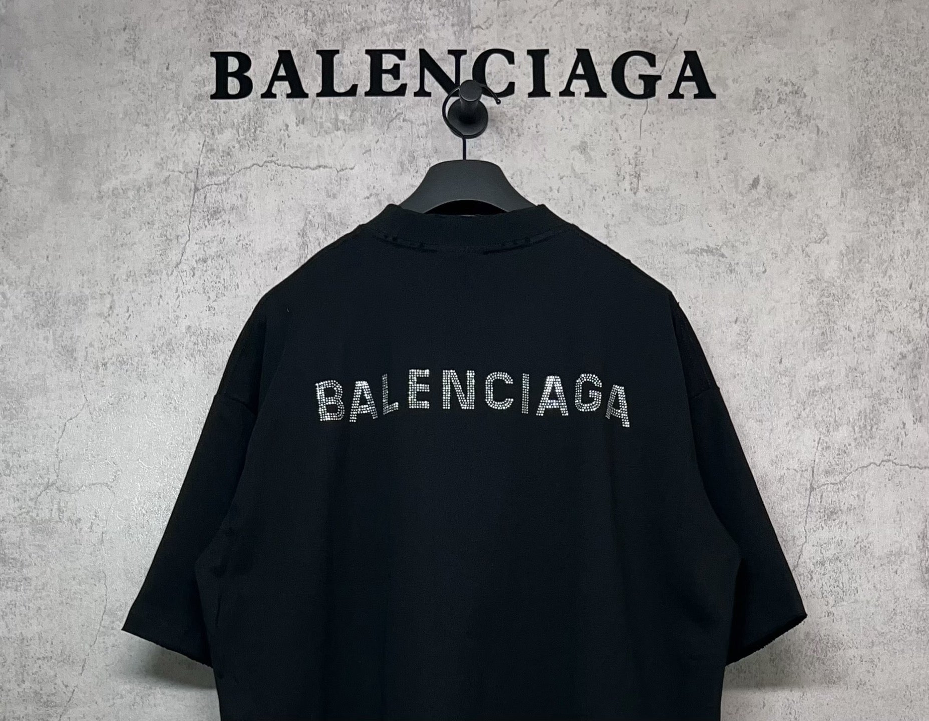 Balenciaga black crewneck short-sleeve T-shirt with rhinestone back logo