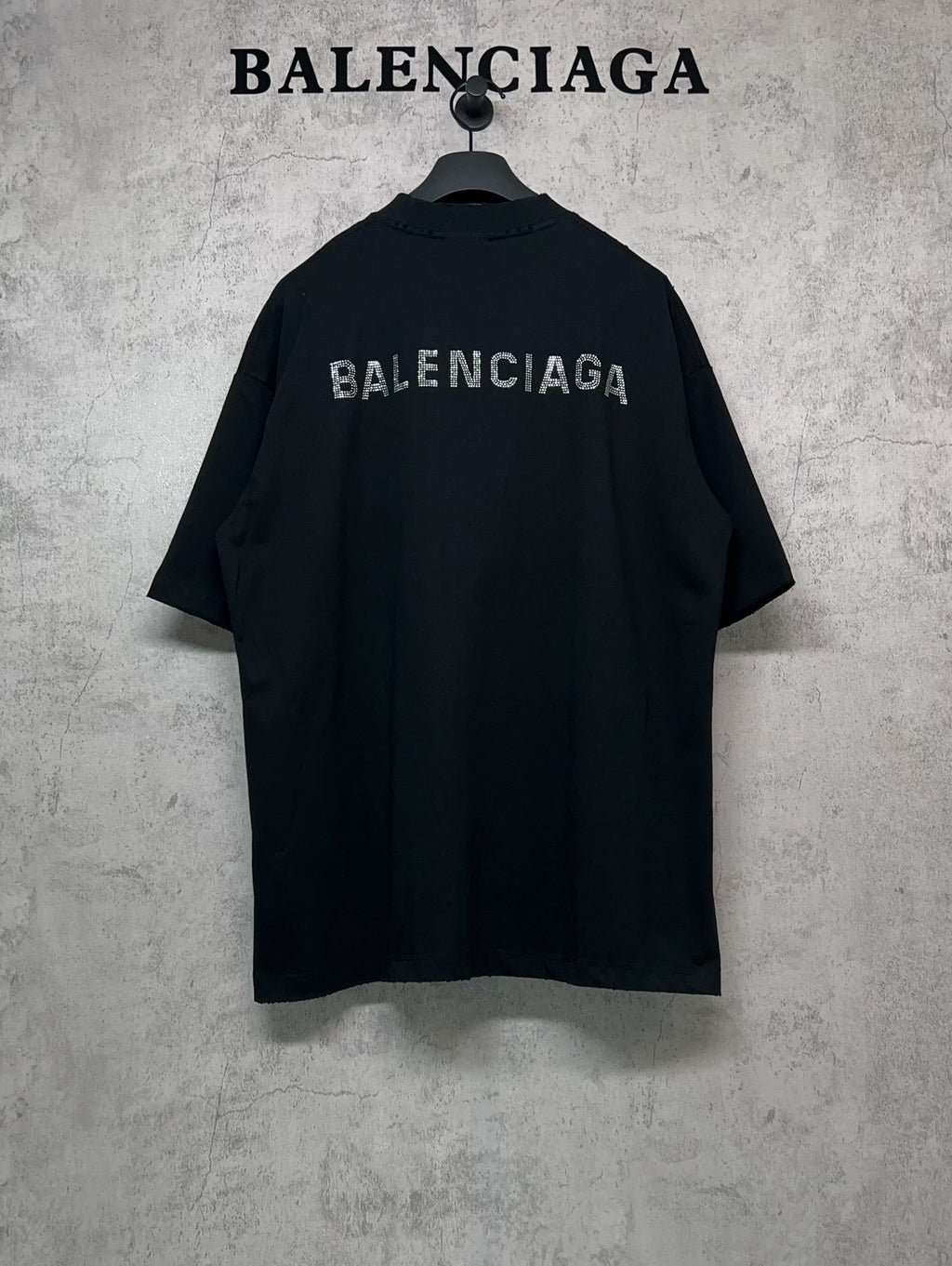 Balenciaga black crewneck short-sleeve T-shirt with rhinestone logo on back