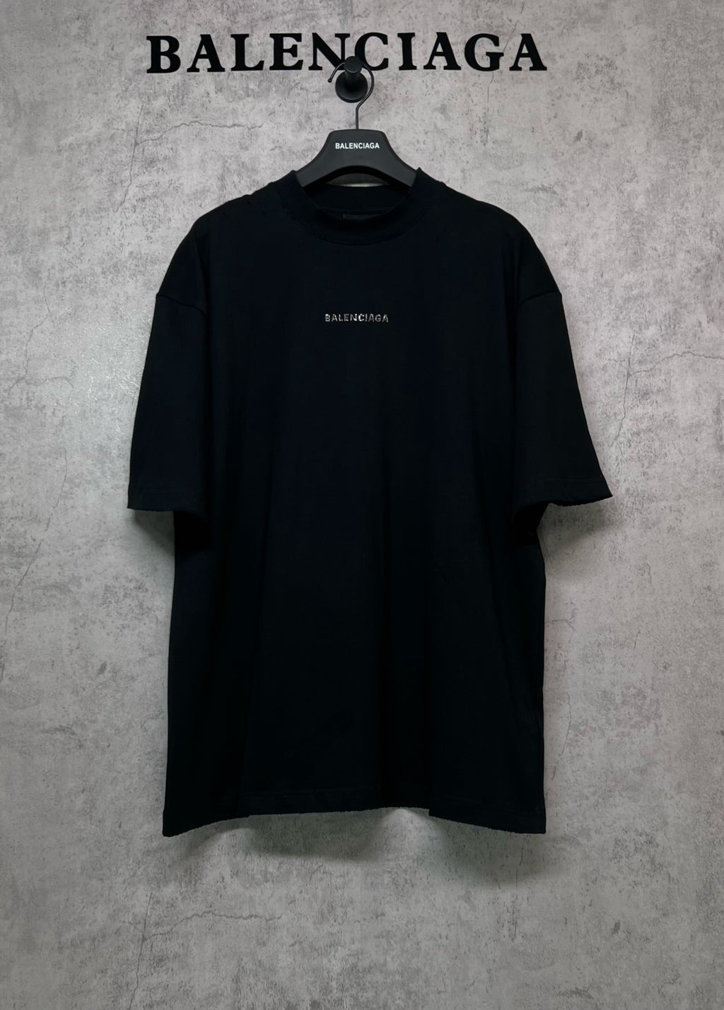 Balenciaga black crewneck short-sleeve T-shirt with small rhinestone logo on chest