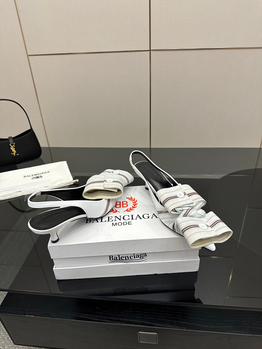 White Balenciaga women's slingback sandals with striped straps and thin heel