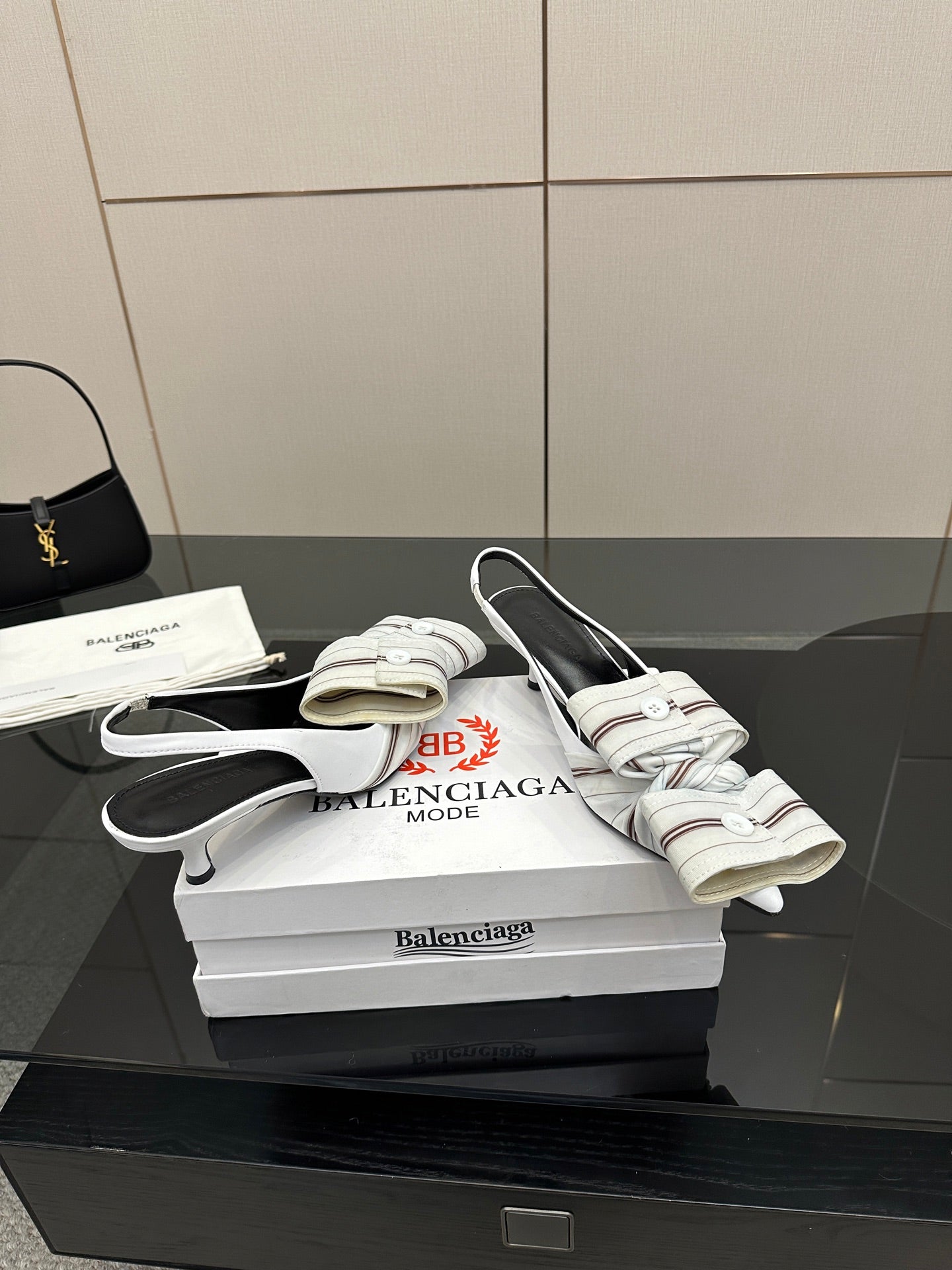 White Balenciaga women's slingback sandals with striped straps and thin heel